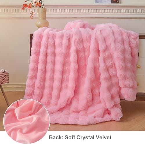LIFEREVO Luxury Fluffy Faux Rabbit Fur Throw, Plush Fuzzy Bubble Waffle Blanket for Couch Sofa, Soft Cute Furry Blanket Home Decoration, Shaggy Lap Throw for Bedroom Living Room Office, 50x60, Pink thumbnail 3