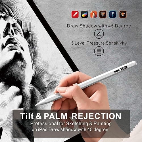 Stylus Pen for iPad 2025-2018 with LED Power Display, 15Mins Fast Charge,Tilt Sensitivity Pencil for iPad 10/9/8/7/6th,11th A16,Air 11/13 M2/M3,Pro 11/13 M4,Pro 12.9",Air 5/4/3,Mini 7/6/5(White) thumbnail 9