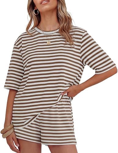 ZESICA Womens Summer 2 Piece Stripe Short Sets Lounge Workout Beach Outfits | Loose Fit, Cotton Blend Shirt & Shorts, Cute Casual & Comfy, Athleisure Airport Travel Vacation Clothes - Image 1