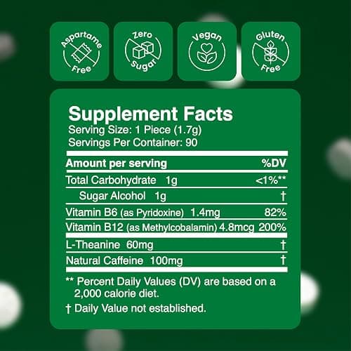 Neuro Energy & Focus Gum, Extra Strength - 100mg Natural Caffeine Gum & Nootropic Energy Supplement with L-Theanine & B Vitamins - Sugar Free, Vegan - Spearmint, 90ct thumbnail 3