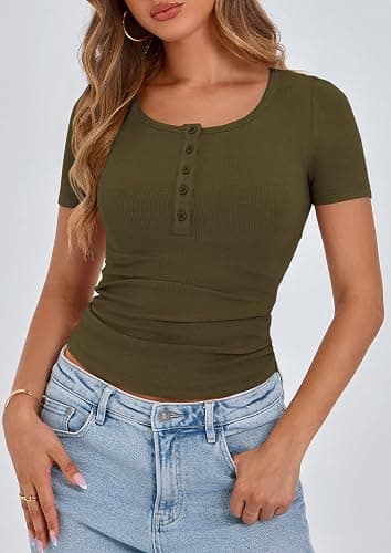 PRETTYGARDEN Women's Summer Tops Henley Tee Shirts | Soft Ribbed Fabric,Button Up, Short Sleeve,Slim Fitted,Basic Tshirts,Casual Trendy,Going Out Outfits,Fashion Clothing thumbnail 4