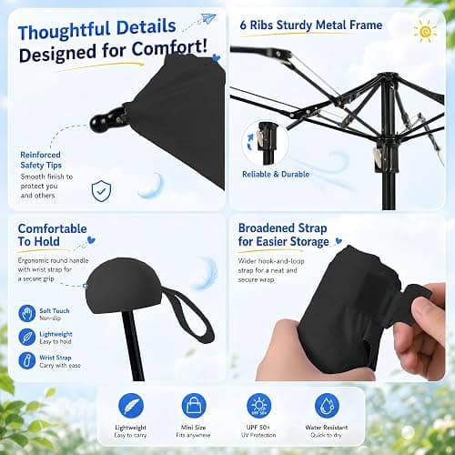 BAODINI Travel Essentials Mini Umbrella for Purse With Case Small Compact UV Sun Protection Lightweight Tiny Pocket Manual Open Close Umbrella for Women Kids and Men Fits Purse Backpack thumbnail 5