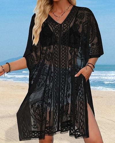 Womens Lace Bathing Suit Cover Up V Neck Beach Coverup Summer Swim Coverups Loose Bikini Beach Dress 2026 thumbnail 4