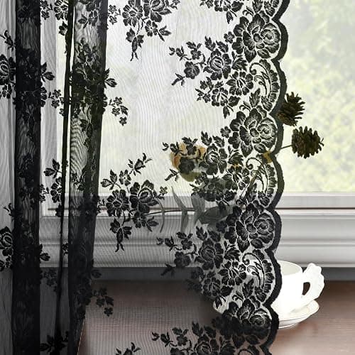 Kotile Short Black Lace Curtains for Small Windows W42 x L36 Inch, 2 Panels | Rod Pocket, Graceful Openwork Detail, Even Window Light, Vintage Gothic Mood, Tailored Short-Window Look, Privacy thumbnail 6