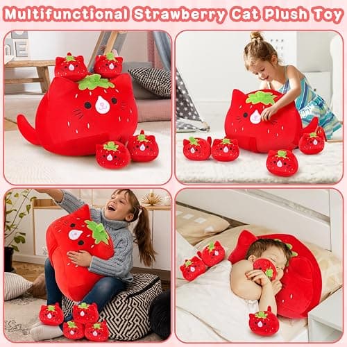 5 PCS Strawberry Cat Plush Stuffed Animal Family-19" Soft Strawberry Cat Plush, Large Mommy Plushies with 4 Baby Kittens Plushies, Kawaii Plushie Toy Christmas Birthday Gifts for Kids Boys thumbnail 6