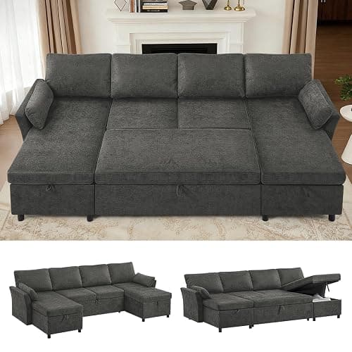 ACMEASE 107 Inches Fabric Sectional Sofa with Pull Out Sofa Bed, Modern U-Shape Sofa with Throw Pillows, Comfortable Sleeper Couch with Storage Chaise for Living Room, Grey - Image 1