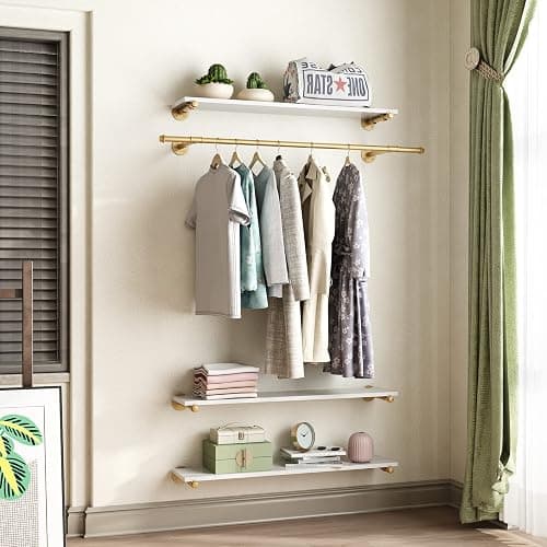 HOMEKAYT Industrial Pipe Clothing Rack Wall Mounted Garment Rack with 3-Tier Wooden Shelf Vintage Hanging Rack for Bedroom, Living Room - Gold - Image 1