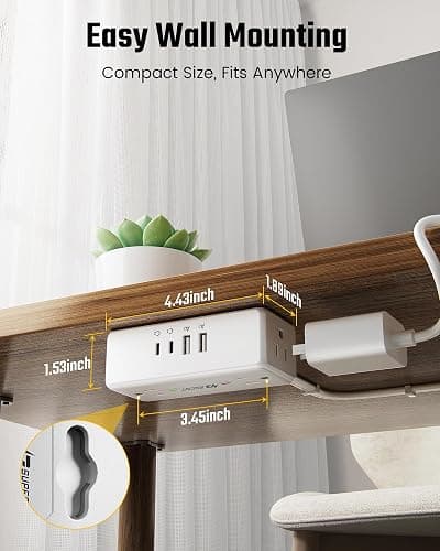 6 Ft Flat Plug Extension Cord with Multiple Outlets, SUPERDANNY Surge Protector Power Bar with 4 Outlets & 4 USB Ports (2 USB C), Small Outlet Extender for Home, Office Supplies, Dorm, Travel, White thumbnail 7