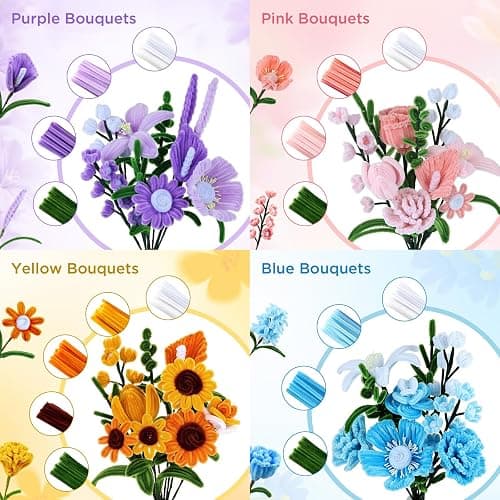 Pipe Cleaner Flower Kit, 540Pcs Pipe Cleaners Craft with 15 Designs Guiding Book, Flower Making Kit with Chenille Stems & Floral Wires, DIY Bouquets and Party Decorations (Multicolor, 12in x 7mm) thumbnail 2