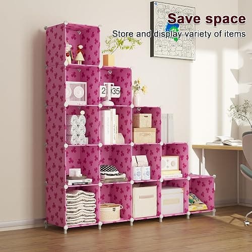 UNKU Cube Storage Organizer, 15 Cube Closet Organizer Storage Shelves, DIY Stackable Bookcase, Clothes Organizer Shelf for Closet, Bedroom, Living Room, Cabinet, Home, Office, Pink thumbnail 5
