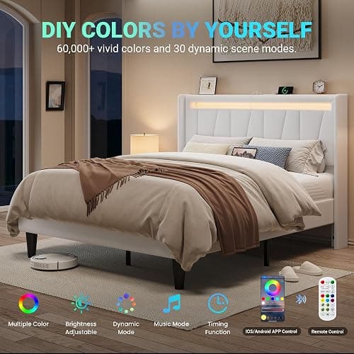 Allewie Full Size LED Bed Frame with Charging Station, Velvet Upholstered Platform Bed with Geometric Wingback Headboard, Modern Frame with No Box Spring Needed, Easy Assembly, White thumbnail 5