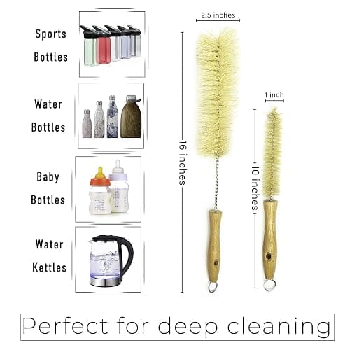 All Natural Bottle Brush and Straw Set (NO Plastic) Sisal Bristles and Wood Handle Bottle Cleaners for Washing Narrow Beer Bottles, Sports/Water Bottles, Tumbler, Kettles, Lid Brush, Long Straw Brush thumbnail 3