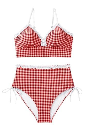 Herseas Women's Splice Ruffle Trim Bikini Sets Tie Side Swimsuits High Waisted Bathing Suits thumbnail 5