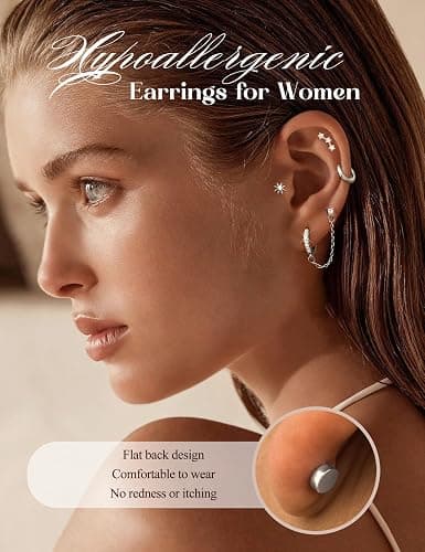 Florideco Flat Back Earrings Hypoallergenic Surgical Steel Earrings for Women Trendy Cartilage Chain Hoop Earring Studs 14K Gold Plated Star Heart CZ Flatback Stud Earring Sets for Multiple Piercing thumbnail 4