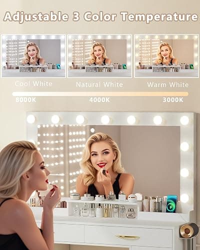 HUAHUU Makeup Vanity Desk with Lights, Vanity Desk with Large Mirror, White Vanity with Outlets Large Drawers & Storage, 3 Lighting Color Adjustable, Bedroom Dressing Table thumbnail 5