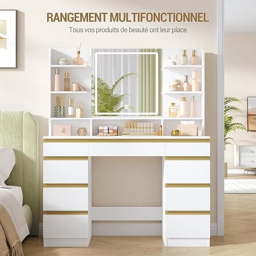 Hzuaneri Grande Coiffeuse avec Éclairage LED, 3 Couleurs, Luminosité Réglable, Miroir, 9 Tiroirs, 9 Étagères Ouvertes, Blanc-Or DT41903X thumbnail 5