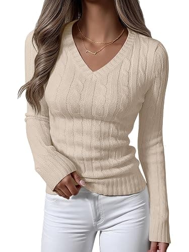 ANRABESS Womens Long Sleeve Cable Knit Sweater 2025 Fall Fashion V Neck Fitted Pullover Top Business Casual Work Fall Outfits - Image 1
