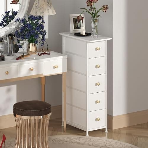 GiftGo Narrow Dresser Cabinet Vertical Slim Dresser Chest of Drawers Skinny Storage Tower for Small Spaces Gaps Closet Bedroom Bathroom Small Fabric Drawer Unit (White, 5 Drawers) thumbnail 2