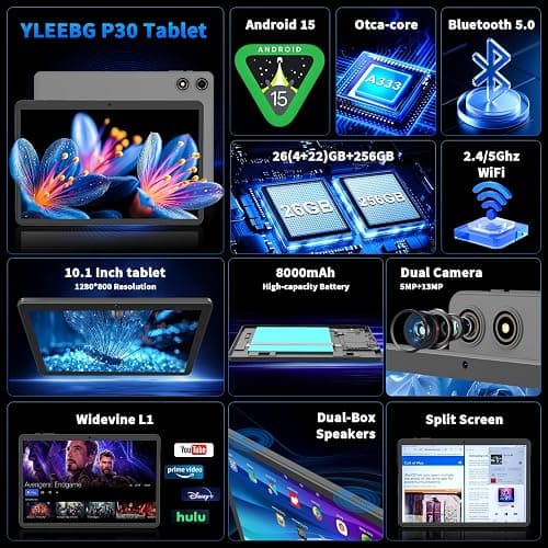2026 10 Inch Tablet with Keyboard, Android 15 Tablet with Gemini AI, 24GB+256GB+2TB Expand, 2-in-1 Tablets with 8-Core, WiFi, 8000mAh, GMS, GPS, Electronic Tablets PC with Mouse, Case, Stylus (Black) thumbnail 5