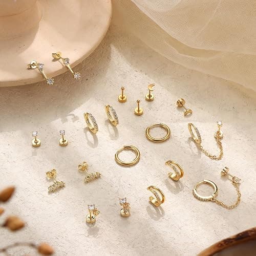 Florideco 14K Gold Plated Earrings for Women Hypoallergenic 20G Surgical Stainless Steel Flat Back Stud Earrings Dainty Stackable Earring Stacks Small Cartilage Earring Sets for Multiple Piercing thumbnail 7