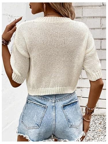 GORGLITTER Women's Puff Sleeve Crewneck Knit Shirt Top Short Sleeve Solid Loose Sweater thumbnail 2