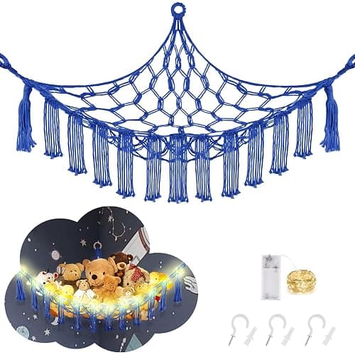 CERETIA Stuffed Animal Hammock with LED Light, Toy Hammock for Stuffed Animals Storage for Kids Room Decor, Stuffed Animal Hammock Corner, Royal Blue - Image 1