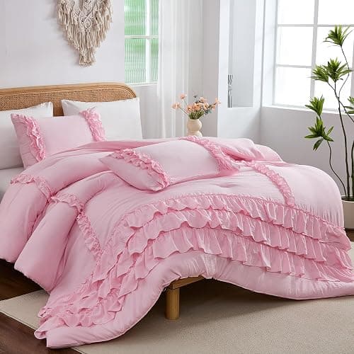 Herside Light Pink Comforter Set King Size,Waterfall Ruffle Shabby Chic Bedding Set,Soft Fluffy Boho Comforter Set for All Season,Vintage Ruffled 3 PCS Lightweight Quilt Set for Women Girls thumbnail 8