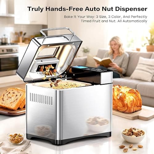 KBS Pro 710W 2LB Bread Maker, Stainless Steel 17-in-1 Smart Bread Machine with Healthy Ceramic Pan, Automatic Nut Dispenser, Tempered Glass Touch Panel, 3 Crust Colors, 15H Timer& Keep-Warm, Recipes thumbnail 4