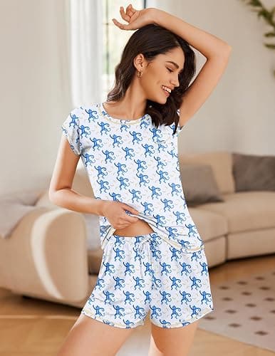 Ekouaer Pajama Set for Women Short Sleeve Tops and Shorts Set 2 Piece Pjs Classic Loungewear with Pockets thumbnail 2