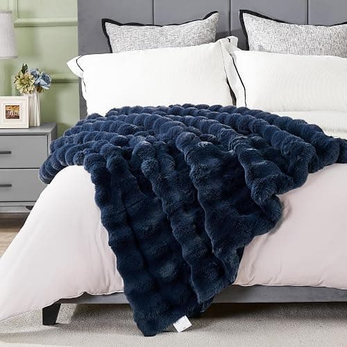 JONIYEAR Soft Fuzzy Bubble Faux Rabbit Fur Throw Blanket for Couch 50" x 60", Reversible Textured Fluffy Warm Thick Blanket for Winter,Luxury Cozy Puffy Shaggy Comfy Furry Blankets for Sofa, Navy Blue thumbnail 9