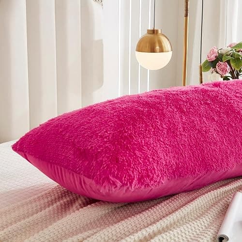 WERDIM Shaggy Fluffy Faux Fur Body Pillow Cover 21"x54" Button Closure Velvet Pillow Shams Throw Body Pillowcase Long Decorative Bed Pillow Case(Hot Pink, 21 X 54 Inches) thumbnail 4