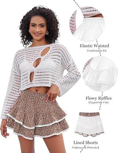 LOMON Flowy Skorts for Women Ruffle Tiered Skorts Casual High Waist Mini Skirts Tennis Golf Crochet Shorts thumbnail 3