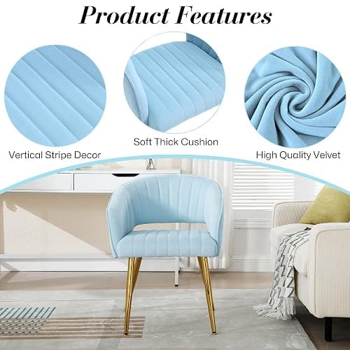 Homedraft Velvet Vanity Chair, Modern Home Office Desk Chair with Hollow Back, Upholstered Dining Chair with Gold Metal Legs, Comfy Accent Chair for Living Room Bedroom, Light Blue thumbnail 4