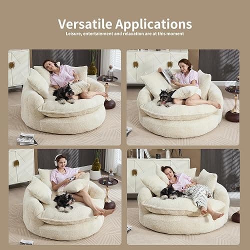 Gfovixo 55 inch Oversized Round Chair, Fluffy Chenille Boneless Sofa with Extra Deep Seat for Living Room Lounge (Beige) thumbnail 7