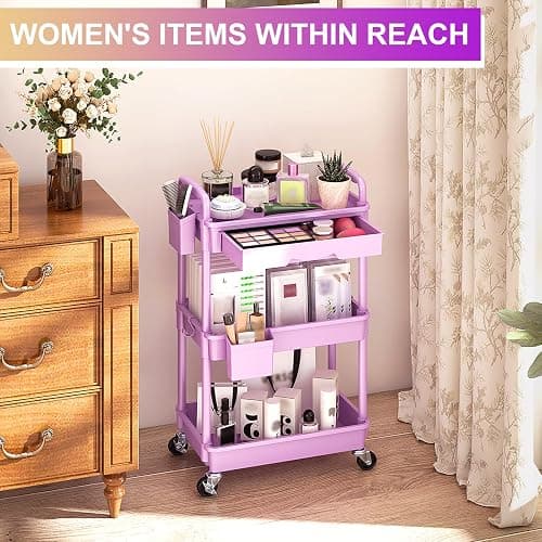Goovilla 3 Tier Rolling Utility Cart Organizer with Removable Drawer, Stable and Sturdy Purple Rolling Storage Carts with 2 Lockable Wheels for Bathroom, Kitchen, Snack, Craft, Makeup, Baby Essentials thumbnail 5