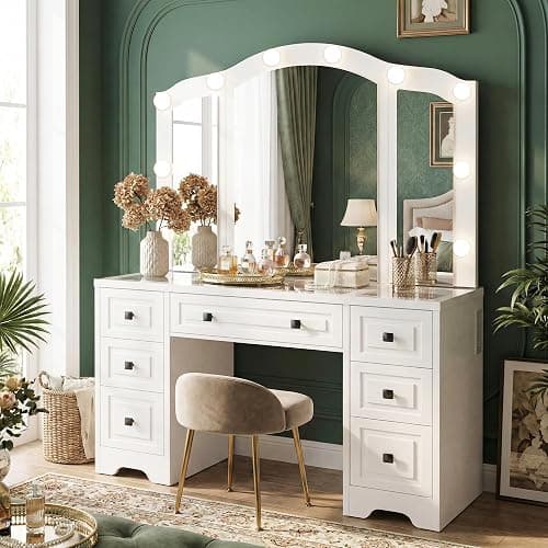 FUSUNBAO White Lighted Vanity Desk, Tri-Fold Mirror, 5 Drawers, Outlets | Retro Dressing Table with Lights, 5-Drawer Vanity Desk for Women & Girls, Vintage with Glass Top,Hair dryer holder thumbnail 6