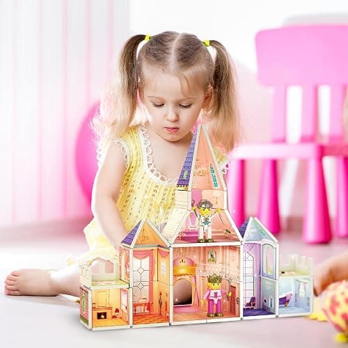PicassoTiles 60pc Magnetic Tile Princess Castle Building Set with Double Sided Printed Tiles 2 Character Figures STEM Educational Toy Kit for Kids Pretend Play Montessori Learning Ages 3 to 8 PTQ04 thumbnail 2
