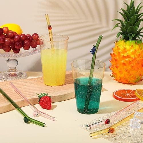 6 Pcs Glass Straws with Design Reusable Cute Fruit Drinking Straws 7.9in x 8mm Colorful Party Favors Decorations with 2 Cleaning Brushes for Summer Beach Birthday(Bent) thumbnail 7