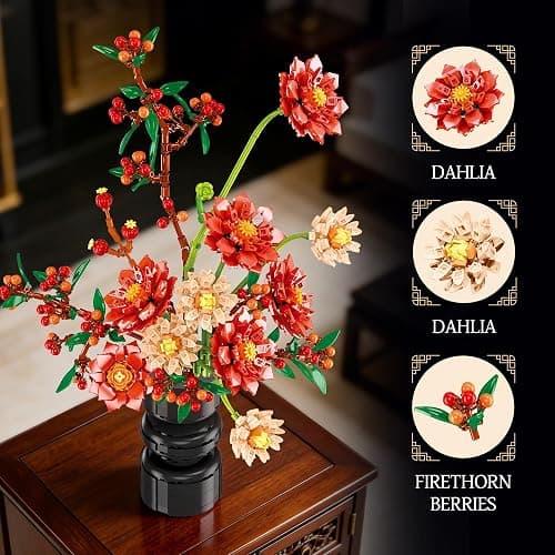 Dahlia Flower Building Set with Vase,Botanical Bouquet Collection Block | Artificial Festive Holiday Flowers for Decoration,Women,Girl,Girlfriend(1416PCS) thumbnail 3