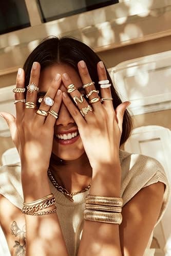 Shall Shell 15 Pcs Chunky Gold Rings for Women, Stackable Statement Rings Pack, Gold Baroque Pearl Rings Open Adjustable Stacking Knuckles Rings Set, Trendy Stuff Jewelry Gift thumbnail 2