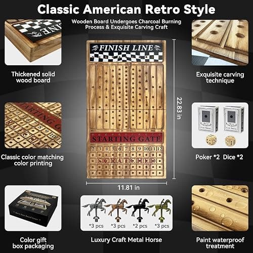 Large 23 inches Horse Racing Board Game with 11 Luxury Metal Horses, Foldable Wood Horse Race Board Game with 2 Sets of Dice, 2 Boxes of Cards for Parties and Gambling thumbnail 5