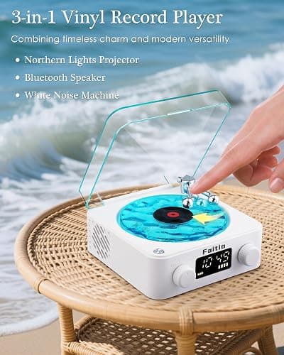 Waves Vinyl Bluetooth Speaker, Vinyl Record Player Style Speaker with Ocean Sound White Noise, Retro Bluetooth Speaker with Ambient Light and Timer, Mini Record Player Cute Speaker, White thumbnail 8