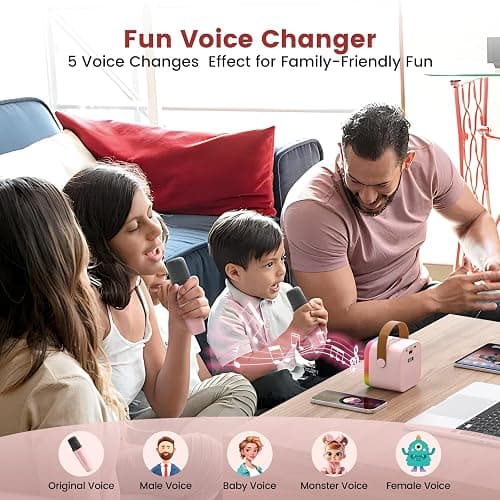 Mini Karaoke Machine for Kids,Portable Bluetooth Speaker with 2 Wireless Microphones,Toddler Music Player Toys,Easter Birthday Gifts for 3,4,5,6,7,8,9,10,11,12+Years Old Girls Boys (Pink) thumbnail 5