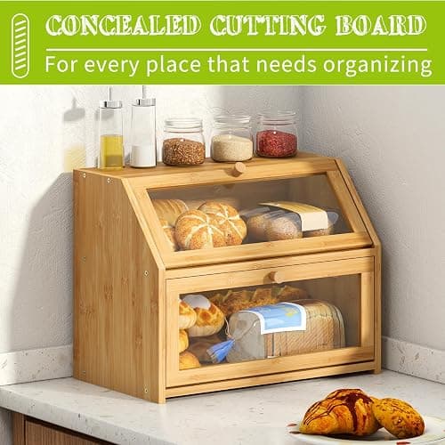 BMOSU Farmhouse Bread Box for Kitchen Countertop Bread box Double Layer Bamboo Wooden Extra Large Capacity Bin Kitchen Food Storage Container(Natural) thumbnail 4