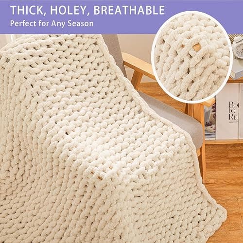 Bigacogo Chunky Knit Throw Blanket for Couch, 40x60 inches, 100% Hand Knitted with Thick Jumbo Chenille Yarn, Cozy Soft Large Rope Knot Cable Crochet Blankets for Sofa Bed Living Room, Beige thumbnail 4