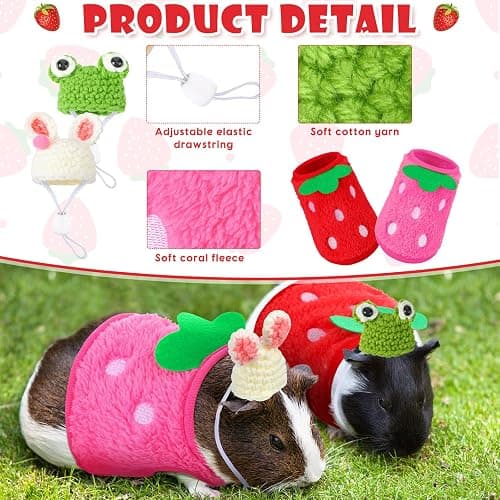 Mixweer 4 Pieces Guinea Pig Stuff Includes 2 Guinea Pig Clothes and 2 Cute Mini Hats with Adjustable Strap Small Animal Warm Vest Cozy Hand Knitted Hat for Hamster Bunny(Frog Style) thumbnail 3