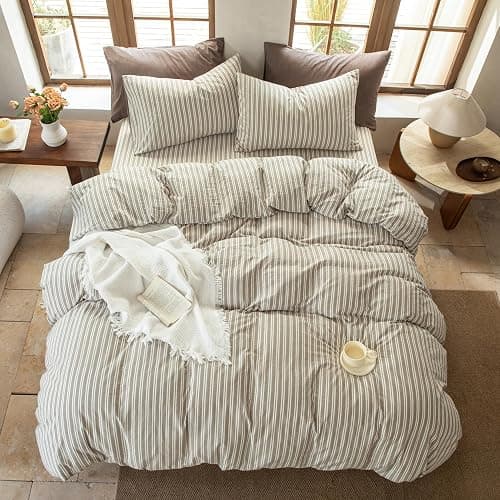 BESTDESIL Striped Duvet Cover Set, 100% Washed Cotton Bedding King Size, Stripes Pattern Printed Comforter Cover with Zipper Closure(Linen Grey,King Size) thumbnail 7