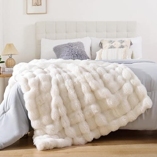 YIKUSH Faux Fur Blanket Fleece Cream White Fluffy Blanket for Sofa, Cozy Soft Plush Throw Blanket for Couch Bed, Luxury Thick Fuzzy Couch Blanket for Winter, Comfy Bubble Blanket - 50" x 60" thumbnail 6