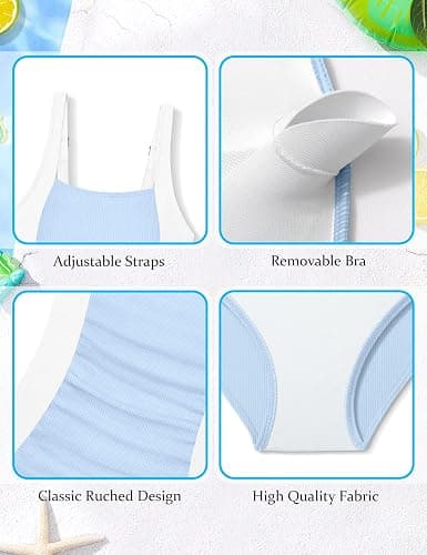 TyeSmo Girls Swimsuit One Piece Swimsuits Ribbed Bathing Suit for Girls Color Block Ruched Adjustable Strap Pad Swimwear thumbnail 6