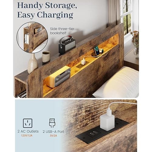 PAUKIN Full Size Wooden Bed Frame with Storage Headboard, Platform Bed Frame with Charging Station and LED Lights, Sturdy Slats, No Box Spring Required, Silent Operation, Easy to Assemble, Brown thumbnail 6